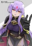  1girl alternate_costume belt breasts cape corruption dark_persona evil_grin evil_smile facial_mark fire_emblem fire_emblem:_genealogy_of_the_holy_war forehead_mark grin julia_(fire_emblem) long_hair mind_control purple_hair red_eyes simple_background smile solo thighs yukia_(firstaid0) 