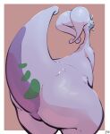 ambiguous_gender anthro big_butt border butt eyes_closed featureless_crotch fizzpop generation_6_pokemon goodra hi_res nintendo nude pokemon pokemon_(species) purple_body raised_tail signature simple_background slime smile solo standing tail 