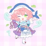  1girl animal_hat blue_headwear blue_shirt blush_stickers cake_mogo full_body gourd green_eyes hat holding long_sleeves okunoda_miyoi one_eye_closed open_mouth pink_hair purple_skirt shirt shoes short_hair skirt smile solo touhou twitter_username whale_hat white_footwear 