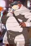  2023 anthro bear belly big_belly blush brown_body bulge clothing detailed_background halloween hat headgear headwear hi_res holidays humanoid_hands kemono kisukemk777 male mammal mummy_costume outside overweight overweight_male solo 