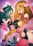  2girls absurdres blonde_hair bodysuit breast_envy breasts commission duel_monster feathers green_hair harpie_carla harpie_girl_(yu-gi-oh!) harpy highres hug large_breasts long_hair monster_girl multiple_girls navel open_mouth pink_eyes pink_feathers pink_wings pixiv_commission pointy_ears red_eyes ro_g_(oowack) single_leg_pantyhose small_breasts thighhighs twintails winged_arms wings yu-gi-oh! yu-gi-oh!_rush_duel yuri 