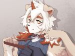  5_fingers absurd_res anthro arknights canid canine canis clothing collar domestic_dog duo fingers fur hair hi_res horn hung_(arknights) hypergryph leash leashed_collar long_hair male mammal multicolored_body multicolored_fur multicolored_hair okaruto_2338 orange_hair orange_horn studio_montagne tan_body tan_fur topwear two_tone_body two_tone_fur two_tone_hair white_body white_fur white_hair yellow_eyes 