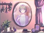  1girl aged_up blurry bottle chromatic_aberration closed_mouth collarbone commentary_request curtains day double-parted_bangs dried_flower flower green_hair grey_shirt hair_between_eyes hair_brush highres holding_strap indoors jacket kagerou_project kido_tsubomi looking_at_mirror looking_at_viewer mirror mokemoke_chan open_clothes open_jacket perfume_(cosmetics) perfume_bottle picture_frame pink_jacket plant potted_plant purple_eyes purple_flower red_flower shirt short_hair smile solo table upper_body white_flower window 