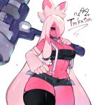  anthro blue_eyes breasts clothed clothing female generation_9_pokemon hair hammer hand_on_hip hi_res holding_hammer holding_object holding_tool nintendo pink_body pink_hair pokemon pokemon_(species) simple_background solo tinkaton togetoge tools 