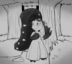  2_mouths 2_toes 3_fingers feet female feral fingers forest generation_3_pokemon hi_res lost mawile mhicky93 monochrome multi_mouth nina_the_mawile nintendo plant pokemon pokemon_(species) scared solo toes tree worried 