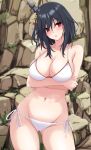  1girl arm_under_breasts ass_visible_through_thighs bare_shoulders bikini black_hair breasts cleavage collarbone cowboy_shot crossed_arms groin hair_between_eyes hair_ornament highres kantai_collection large_breasts legs_apart long_hair looking_at_viewer navel nitamako_(sakamalh) red_eyes side-tie_bikini_bottom skindentation solo swimsuit thighs white_bikini yamashiro_(kancolle) 