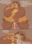  2023 absurd_res anthro balls bear belly big_belly blush brown_body canid canine dialogue duo erection fffftony fingering genitals hi_res humanoid_hands kemono male male/male mammal overweight overweight_male penis penis_size_difference raccoon_dog small_penis tanuki 