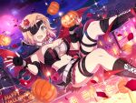  1girl :d armpits belt black_footwear blush bomb boots breasts capelet chain city cityscape cleavage cloud confetti cross-laced_footwear english_text explosive eyepatch falling_petals fingerless_gloves flower full_moon gloves gold_chain green_eyes hair_between_eyes hair_flower hair_ornament hairclip halloween halloween_costume hanabi_(senran_kagura) happy_halloween heart high_collar holding holding_bomb jack-o&#039;-lantern large_breasts lens_flare light_particles linea_alba lit_fuse looking_at_viewer midair moon navel neck_ruff night official_alternate_costume official_art open_mouth orange_hair petals pumpkin purple_nails red_moon rooftop senran_kagura senran_kagura_estival_versus senran_kagura_new_link shiny_skin short_hair skirt smile solo sparkle thigh_bands thigh_strap underboob vampire_costume white_belt window yaegashi_nan 