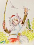  1girl animal_ears arm_up basket blush breasts detached_sleeves fish fishing fishing_rod hat highres holding holding_fishing_rod inubashiri_momiji looking_to_the_side medium_breasts pom_pom_(clothes) q-bee_(aaru) red_eyes ribbon_trim short_hair shorts smile solo tail tokin_hat touhou traditional_media white_hair wolf_ears wolf_tail 