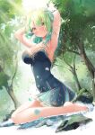  1girl antlers aqua_hair armpits arms_up bare_arms bare_legs barefoot blue_dress blurry blurry_foreground blush braid breasts ceres_fauna cleavage commentary dappled_sunlight day dress eyes_visible_through_hair falling_leaves feet forest frilled_dress frills full_body gradient_hair green_hair green_nails hair_between_eyes hair_flowing_over hair_over_one_eye hair_over_shoulder highres hololive hololive_english leaf legs light_particles long_hair looking_at_viewer lukas_reule medium_breasts mole mole_under_eye multicolored_hair nail_polish nature outdoors parted_lips raised_eyebrows rock signature single_braid sitting sleeveless sleeveless_dress solo sparkle strapless strapless_dress sunlight teeth toenail_polish toenails toes tree two-tone_hair virtual_youtuber water yellow_eyes 