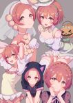  1girl absurdres animal_hood blush bracelet candy cat_hood commentary cream_(nipakupa) food grey_background halloween_bucket highres hood hoshizora_rin jack-o&#039;-lantern jewelry looking_at_viewer love_live! love_live!_school_idol_project multiple_hairpins multiple_views orange_hair short_hair upper_body yellow_eyes 