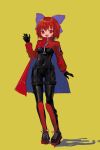  1girl :d absurdres adapted_costume akatsuki_records black_bodysuit blue_bow bodysuit bow cloak fang full_body hair_bow highres looking_at_viewer no_lineart open_mouth red_eyes red_hair reddizen sekibanki short_hair simple_background skin_fang smile solo standing touhou yellow_background zipper 