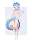  absurdres ahoge aqua_nails bare_legs bare_shoulders barefoot blue_hair breasts choker full_body green_eyes hair_between_eyes hair_censor highres horns indie_virtual_youtuber looking_at_viewer medium_breasts medium_hair midori_xu navel nude paroniie_(vtuber) pointy_ears scales simple_background smile standing tail tail_censor 