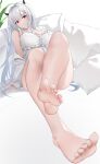  1girl absurdres baige0 bare_legs barefoot breasts commission demon_girl demon_horns feet foot_focus foreshortening highres horns medium_breasts nail_polish no_shoes original pillow pixiv_commission presenting_foot red_eyes shirt smile soles thighs toenail_polish toenails toes white_hair white_shirt 