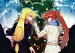  2girls black_jacket blonde_hair blue_scarf blush christmas_tree coat commentary_request commission cowboy_shot fate_testarossa feeding hair_ribbon highres jacket jewelry leoheart long_hair long_sleeves looking_at_another lyrical_nanoha mahou_shoujo_lyrical_nanoha mahou_shoujo_lyrical_nanoha_strikers multiple_girls outdoors pixiv_commission plaid plaid_scarf ponytail purple_eyes red_eyes red_hair ribbon ring scarf side_ponytail smile snow snowing takamachi_nanoha very_long_hair wedding_ring white_jacket wife_and_wife winter yuri 
