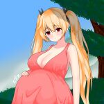  1girl alternate_costume azur_lane bare_arms bare_shoulders big_belly blush bush dress head_tilt highres k_eva277 long_hair looking_at_viewer nelson_(azur_lane) pregnant red_dress red_hair solo tree twintails very_long_hair 