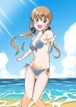  1girl alternate_costume bikini black_ribbon blue_bikini breasts brown_eyes brown_hair cleavage commentary_request feet_out_of_frame front-tie_bikini_top front-tie_top hair_ribbon highres kantai_collection light_rays long_hair low_twintails medium_breasts ribbon satetsu_(satetsu3135) side-tie_bikini_bottom smile solo sunbeam sunlight swimsuit tashkent_(kancolle) twintails 