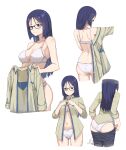  1girl absurdres alice_gear_aegis as4gi ass ass_visible_through_thighs back bare_shoulders black-framed_eyewear black_hair black_pants bra breasts brown_shirt cleavage closed_mouth collarbone cropped_legs dressing glasses highres holding holding_clothes holding_shirt large_breasts long_hair momoshina_fumika multiple_views navel open_clothes open_shirt panties pants parted_bangs purple_eyes shirt signature simple_background smile unbuttoned underwear underwear_only white_background white_bra white_panties 
