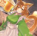  1girl animal_ear_fluff animal_ears apron artist_name beer_mug breasts brown_hair commission cup floral_print fox_ears fox_girl frilled_apron frills froth green_kimono highres holding holding_tray japanese_clothes kimono mug original ramachiru short_hair skeb_commission solo tail tray waitress white_apron wide_sleeves yellow_eyes 