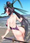  1girl adsouto ass backless_swimsuit bare_arms bare_shoulders beach blush cowboy_shot day fate/grand_order fate_(series) floating_hair hair_intakes hand_on_hilt highres long_hair looking_at_viewer looking_back makeup mascara one-piece_swimsuit outdoors purple_eyes purple_hair purple_lips purple_one-piece_swimsuit sheath shiny_skin shoulder_blades solo standing swimsuit sword taira_no_kagekiyo_(fate) ushiwakamaru_(fate) very_long_hair weapon 