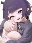  1girl absurdres appleblossomtea blue_eyes blush fang grey_hood grey_hoodie highres hololive hololive_english hood hoodie looking_at_viewer mole mole_under_eye ninomae_ina&#039;nis ninomae_ina&#039;nis_(5th_costume) open_mouth parted_bangs pixie_cut pointy_ears purple_hair short_hair smile solo swept_bangs teeth upper_body upper_teeth_only virtual_youtuber 