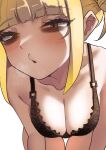  1girl absurdres bags_under_eyes bare_shoulders bent_over black_bra black_panties blonde_hair blunt_bangs blush boku_no_hero_academia bra breasts cleavage collarbone commentary hanging_breasts heavy_breathing highres looking_at_viewer medium_breasts panties romaji_commentary simple_background skindentation slit_pupils solo thigh_gap thighs toga_himiko underwear underwear_only white_background yellow_eyes zd_(pixiv6210083) 