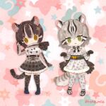  2girls animal_ears belt bow bowtie brown_eyes brown_hair cat_ears cat_girl cat_tail elbow_gloves extra_ears gloves green_eyes grey_hair iriomote_cat_(kemono_friends) japanese_clothes kemono_friends kemono_friends_3 kikuchi_milo kimono looking_at_viewer multiple_girls scarf shirt shoes short_hair simple_background skirt sleeveless sleeveless_shirt socks tail thighhighs tsushima_leopard_cat_(kemono_friends) 