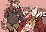  african_wild_dog anthro bed bottomwear boxers_(clothing) brown_body brown_fur canid canine clothed clothing duo eyes_closed fully_clothed fur furniture furvidd heart_box hi_res holidays hoodie lagomorph leporid lying male male/male mammal on_back on_bed rabbit shirt shorts smile t-shirt topwear underwear valentine&#039;s_day 