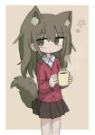  1girl animal_ear_fluff animal_ears border brown_eyes brown_hair brown_skirt buttons cardigan closed_mouth collared_shirt cowboy_shot cup extra_ears flower fox_ears fox_girl fox_tail holding holding_cup kanikan light_blush long_hair long_sleeves looking_at_viewer miniskirt mug original outside_border pleated_skirt red_cardigan shirt simple_background skirt solo standing steam tail white_border white_shirt yellow_background 