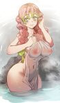  1girl blush bow_(bhp) braid breasts cleavage closed_mouth collarbone covered_navel covered_nipples covering gradient_hair green_eyes green_hair hand_in_own_hair holding holding_towel kanroji_mitsuri kimetsu_no_yaiba large_breasts long_hair looking_to_the_side mole mole_under_eye multicolored_hair naked_towel nipples nude_cover onsen pink_hair raised_eyebrows rock smile solo standing thighs towel twin_braids two-tone_hair wading 