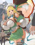 1girl 1other 2boys :d ass backpack bag belt black_hair black_shirt blonde_hair blurry blurry_background blush breasts commentary_request curvy detached_collar detached_sleeves diletta elf flower green_skirt hair_flower hair_ornament highres huge_breasts large_breasts leaf multiple_boys multiple_views open_mouth original panties pointy_ears puffy_sleeves purple_eyes road shirt skirt smile solo_focus street thighhighs town underwear waving white_panties white_shirt white_thighhighs 