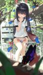  1girl absurdres animal bench black_hair black_shorts blue_archive blurry blurry_foreground blush bottle bug butterfly collarbone commentary_request day feet_out_of_frame food forest gym_shirt gym_shorts gym_uniform hair_over_eyes halo hidulume highres justice_task_force_member_(blue_archive) long_hair looking_at_viewer nature open_mouth red_eyes red_halo sandwich shirt short_sleeves shorts sitting sitting_on_bench solo tree water_bottle white_shirt 