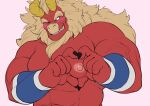  1boy absurdres bara beard blank_eyes blush colored_skin curled_horns demon_boy demon_horns facial_hair flat_color forked_eyebrows furry furry_male gardie_(otsukimi) heart heart_hands highres horns huge_eyebrows large_pectorals lion_hair long_hair male_focus muscular muscular_male nipples nude one_eye_closed original otsukimi pectorals red_skin seductive_smile smile solo unfinished upper_body 