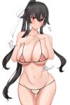  1girl alternate_breast_size bikini black_hair breasts cleavage closed_mouth commentary_request commission cowboy_shot crotchless crotchless_bikini cupless_bikini hair_between_eyes hair_ribbon halterneck hands_up heart highres kantai_collection large_breasts long_hair looking_at_viewer navel nipples no_pussy partial_commentary ponytail red_eyes ribbon skeb_commission smile solo string_bikini swimsuit toshimasa_(ztvy3575) variant_set very_long_hair white_background white_ribbon yahagi_(kancolle) yahagi_kai_ni_(kancolle) 