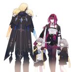  3boys 3girls aether_(genshin_impact) aged_down black_gloves black_jacket black_mask black_shorts blonde_hair caelus_(honkai:_star_rail) cape closed_eyes closed_mouth crossover dainsleif_(genshin_impact) eyewear_on_head genshin_impact gloves grey_hair half_mask high-waist_shorts honkai:_star_rail honkai_(series) jacket kafka_(honkai:_star_rail) long_sleeves lumine_(genshin_impact) mask matsuringo_(rinorino83) multiple_boys multiple_girls pants red_hair shirt shorts simple_background stelle_(honkai:_star_rail) trailblazer_(honkai:_star_rail) twitter_username white_background white_shirt 