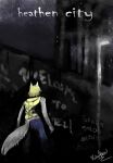  anthro blonde_hair blue_bottomwear blue_clothing blue_pants bottomwear canid canine canis clothing english_text fur graffiti grey_body grey_fur hair heathen_city male mammal owen_zelazny pants series_title signature solo text vahnfox wolf yellow_jacket 