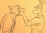  anthro beastars blush bodily_fluids canid canine canis clothed clothing deer duo eye_contact fully_clothed holding_face legoshi_(beastars) looking_at_another looking_at_partner louis_(beastars) male male/male mammal sweat wolf wuffinarts 