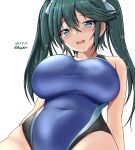  1girl black_one-piece_swimsuit blue_hair blue_one-piece_swimsuit breasts competition_swimsuit covered_navel dated hair_ribbon highres impossible_clothes impossible_swimsuit isuzu_(kancolle) isuzu_kai_ni_(kancolle) kantai_collection large_breasts long_hair looking_at_viewer montemasa one-hour_drawing_challenge one-piece_swimsuit open_mouth ribbon sitting smile solo swimsuit twintails twitter_username two-tone_swimsuit white_ribbon 