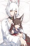  2girls absurdres age_difference aged_down amagi-chan_(azur_lane) animal_ear_fluff animal_ears azur_lane bed_sheet black_choker blunt_bangs blush brown_hair choker commentary dated_commentary fox_ears fox_girl fox_tail hair_ornament hands_on_another&#039;s_arm highres holding hug hug_from_behind japanese_clothes kaga_(azur_lane) kimono kitsune kyuubi long_hair lying multiple_girls multiple_tails on_back pillow print_kimono samip short_hair sidelocks sleeping tail thick_eyebrows twintails white_hair 