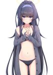  1girl ass_visible_through_thighs bags_under_eyes bikini black_bikini black_hair blue_archive blue_eyes blue_hairband blush closed_mouth commentary_request grey_jacket groin hair_between_eyes hairband halo highres jacket long_sleeves looking_at_viewer navel nayuhi_(yukimuu14) off_shoulder open_clothes open_jacket own_hands_together ponytail sidelocks simple_background sleeves_past_wrists solo standing swimsuit ui_(blue_archive) ui_(swimsuit)_(blue_archive) white_background 
