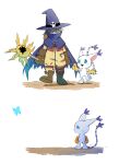  absurdres brown_footwear brown_hair bug butterfly cape cat creature digimon digimon_(creature) digimon_adventure friends green_eyes hat highres holding holding_wand purple_cape slayer_dramonz tailmon walking wand white_fur wizard_hat wizarmon 