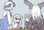  3girls bald_eagle_(kemono_friends) bare_shoulders bird_girl bird_wings black_gloves black_jacket blonde_hair blue_dress blue_eyes blue_hair board_game bow bowtie chess chess_piece common_dolphin_(kemono_friends) dress glasses gloves grey_hair grey_sweater hand_on_own_chin head_wings highres jacket kemono_friends long_hair long_sleeves meerkat_(kemono_friends) meerkat_ears multicolored_hair multiple_girls pleated_dress sailor_collar sailor_dress short_hair smile sweater toki_reatle two-tone_hair uniform white_gloves white_hair wings yellow_bow yellow_bowtie 