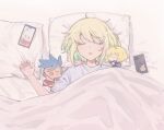  1boy alternate_costume bed bed_sheet blanket blonde_hair cellphone character_doll closed_eyes galo_thymos kome_1022 lio_fotia lying male_focus on_back on_bed open_mouth otoko_no_ko phone pillow promare purple_eyes short_hair sleeping smartphone solo under_covers 