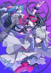  2girls blue_eyes blue_hair blue_thighhighs boots capelet choppy_bangs crossover danganronpa_(series) danganronpa_2:_goodbye_despair elbow_gloves frilled_thighhighs frills gloves hair_ribbon hands_on_headphones headphones high_heel_boots high_heels highres kusatakesi long_hair looking_at_viewer master_detective_archives:_rain_code medium_hair midair mioda_ibuki multicolored_hair multiple_girls nail_polish one_eye_closed piercing pink_eyes pink_hair pink_ribbon pink_thighhighs pleated_skirt pucci_lavmin purple_background ribbon scrunchie skirt streaked_hair thighhighs tongue tongue_out white_hair wrist_scrunchie 