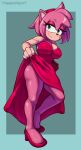  accessory amy_rose anthro breasts clothing dress eulipotyphlan female green_eyes hair_accessory hairband hedgehog hi_res looking_at_viewer mammal multicolored_body pink_body pink_skin sega signature simple_background smile solo sonic_the_hedgehog_(series) triggerpigart two_tone_body 