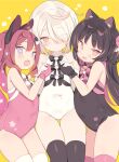  +_+ 3girls :o animal_ear_fluff animal_ears black_hair black_leotard black_thighhighs blade_(galaxist) blush character_request commentary_request covered_navel fang grey_hair hair_between_eyes hair_over_one_eye highres indie_virtual_youtuber leotard long_hair looking_at_viewer mel_mellow multicolored_hair multiple_girls nekoyama_nae open_mouth parted_lips pink_hair pink_leotard pink_thighhighs purple_eyes red_eyes simple_background thighhighs toranoana two-tone_hair very_long_hair virtual_youtuber white_leotard white_thighhighs yellow_background 