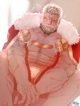  1boy absurdres balor_(housamo) bara bare_pectorals beard bulge cape chest_hair facial_hair feet_out_of_frame fur-trimmed_cape fur_trim highres large_pectorals male_focus male_underwear mature_male multicolored_hair muscular muscular_male navel navel_hair nipples official_alternate_costume pectorals route_(ealger50703) scar scar_on_arm scar_on_chest scar_on_leg short_hair sitting solo stomach tokyo_afterschool_summoners tusks two-tone_beard two-tone_hair underwear waking_up yellow_male_underwear 