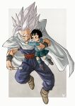  1boy 1girl black_eyes black_hair bob_cut cape carrying commentary_request dougi dragon_ball dragon_ball_super dragon_ball_super_super_hero eyewear_removed father_and_daughter furrowed_brow glasses gohan_beast green_skirt highres kakeru_(dbskakeru) muscular muscular_male pan_(dragon_ball) red_eyes school_uniform serious short_hair shoulder_pads signature skirt smile son_gohan white_cape white_hair wristband 
