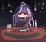  1girl :3 ahoge black_bow black_bowtie black_dress blunt_bangs bow bowtie candle chalice chibi closed_mouth commentary constellation dress grey_hair hatuho_1223 long_hair looking_at_viewer medium_bangs multicolored_hair nanashi_inc. official_alternate_costume purple_hair red_eyes shisui_kiki shisui_kiki_(2nd_costume) sleeve_bow sleeves_past_fingers sleeves_past_wrists smile solo star_(symbol) streaked_hair table tarot tarot_(card) two-tone_hair upper_body very_long_hair virtual_youtuber 