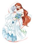  2girls blue_flower bouquet braid bridal_veil commentary dress flower frilled_dress frills highres holding holding_bouquet holding_flower hong_meiling izayoi_sakuya multiple_girls off-shoulder_dress off_shoulder puffy_short_sleeves puffy_sleeves red_hair sarukana short_sleeves simple_background symbol-only_commentary touhou twin_braids veil wedding wedding_dress white_background white_dress white_hair wife_and_wife yuri 